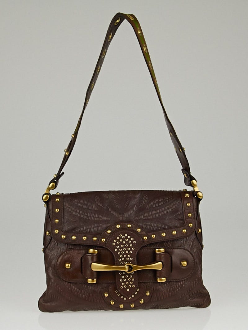 Gucci Brown Embossed Leather Studded Pelham Runway Flap Bag 