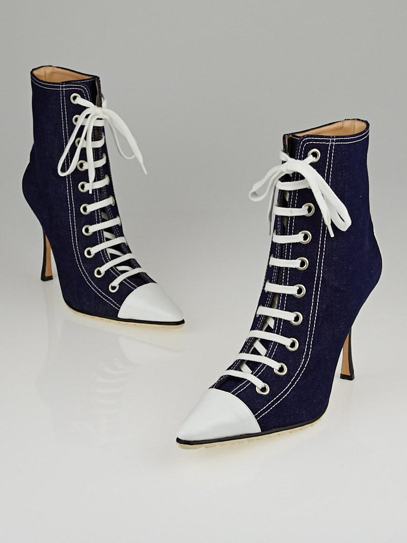 【新品同様】MANOLO BLAHNIK 23cm　デニム　ネイビー　メイセール Manolo Blahnik Blue Denim Lace Up Ankle Boots Size 10/40.5