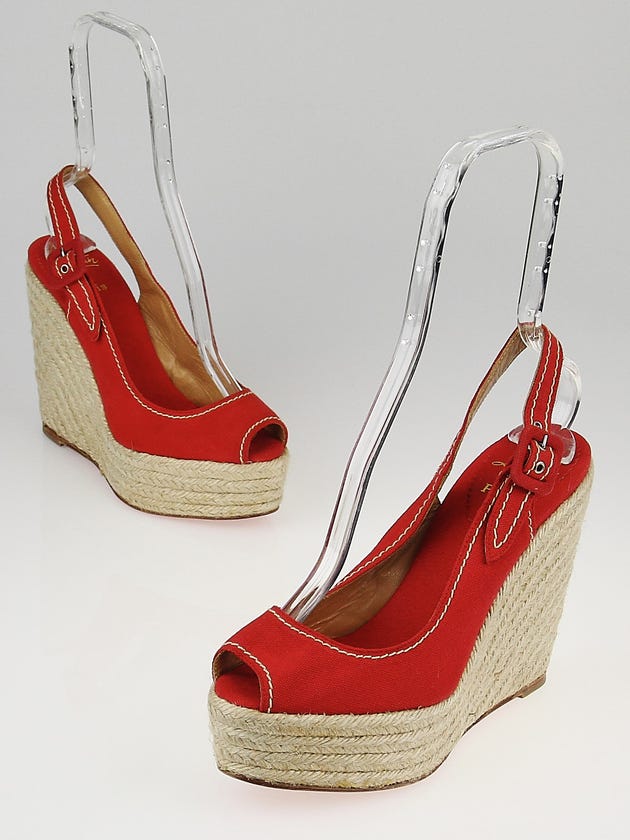 Christian Louboutin Red Canvas Espadrille Wedge Sandals Size 9.5/40