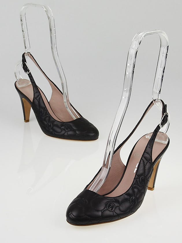 Chanel Black Lambskin Leather Camellia Embossed Slingback Heels Size 6/36.5