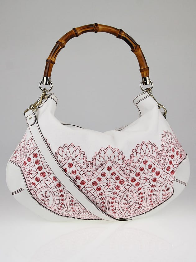Gucci White Canvas Embroidered Bamboo Peggy Top Handle Hobo Bag