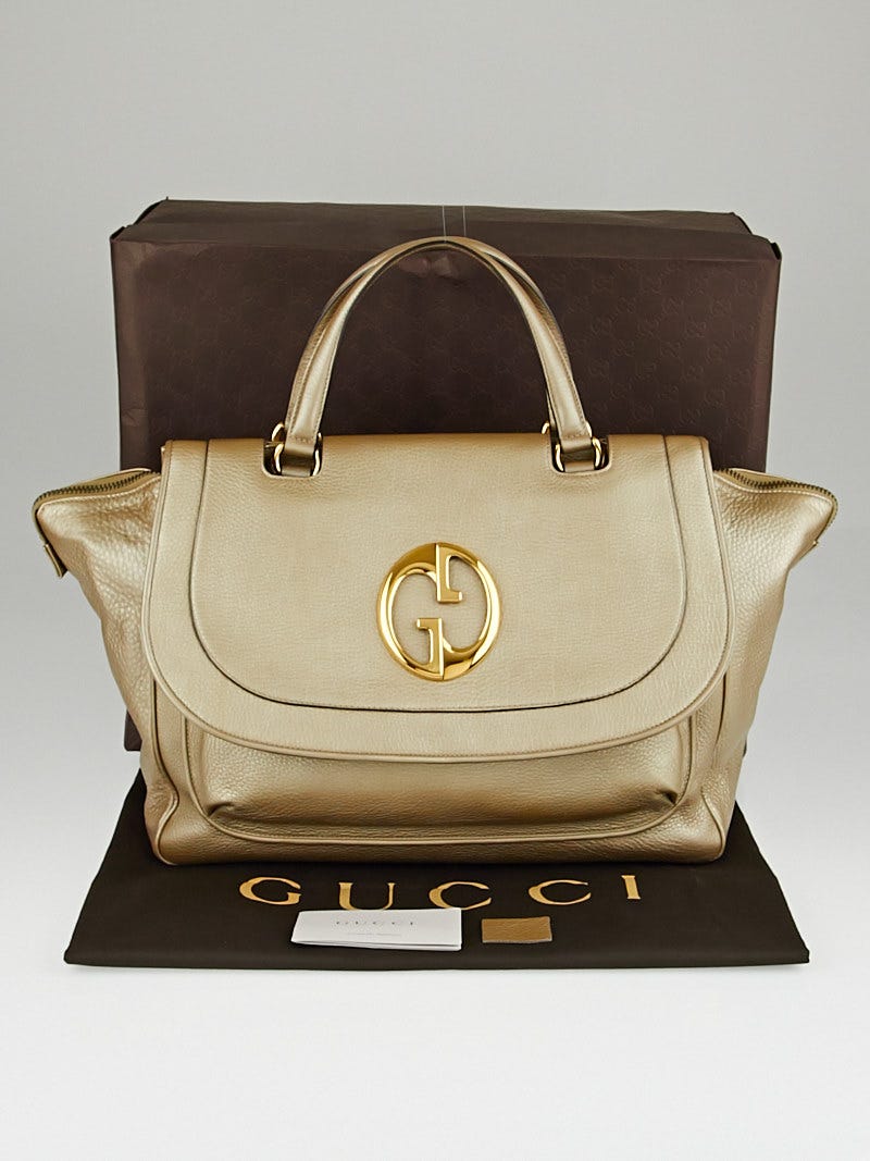Gucci Metallic Gold Pebbled Leather '1973' Large Top Handle Tote