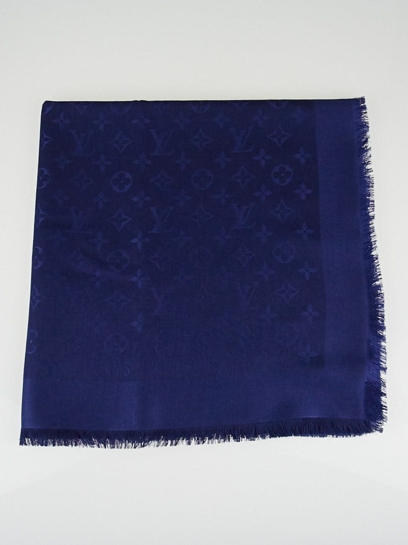 Louis Vuitton Dark Blue Monogram Silk/Wool Shawl Scarf - Yoogi's Closet