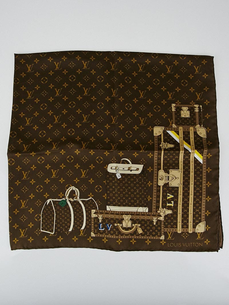 Louis Vuitton Silk Monogram Trunks Square Scarf Brown