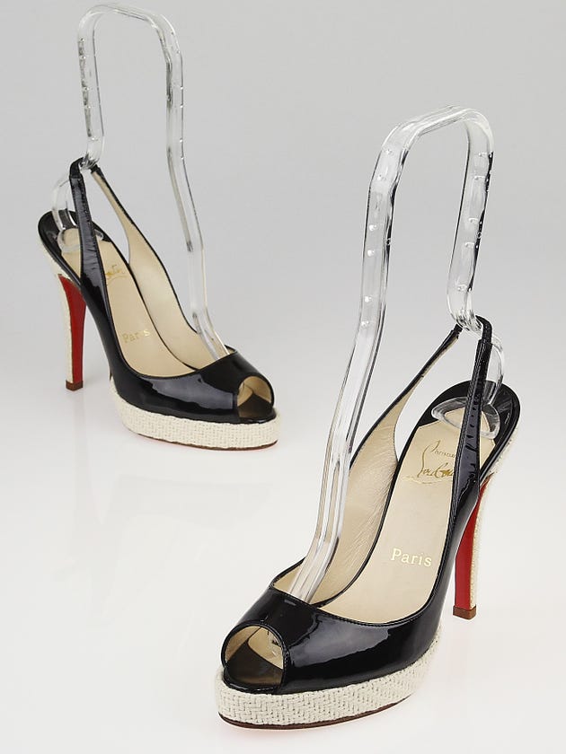Christian Louboutin Black Patent Leather Woven Platform Slingback Sandals Size 6.5/37