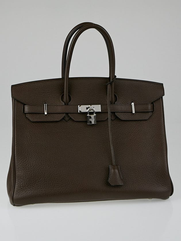 Hermes 35cm Chocolate Clemence Leather Palladium Plated Birkin Bag