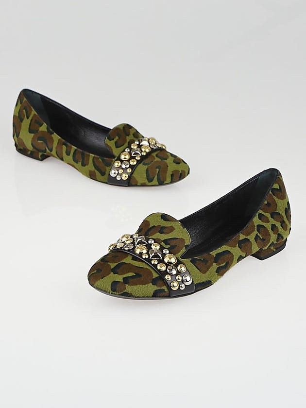 Louis Vuitton Army Green Leopard Print Pony Hair Studded Flats Size 6.5/37