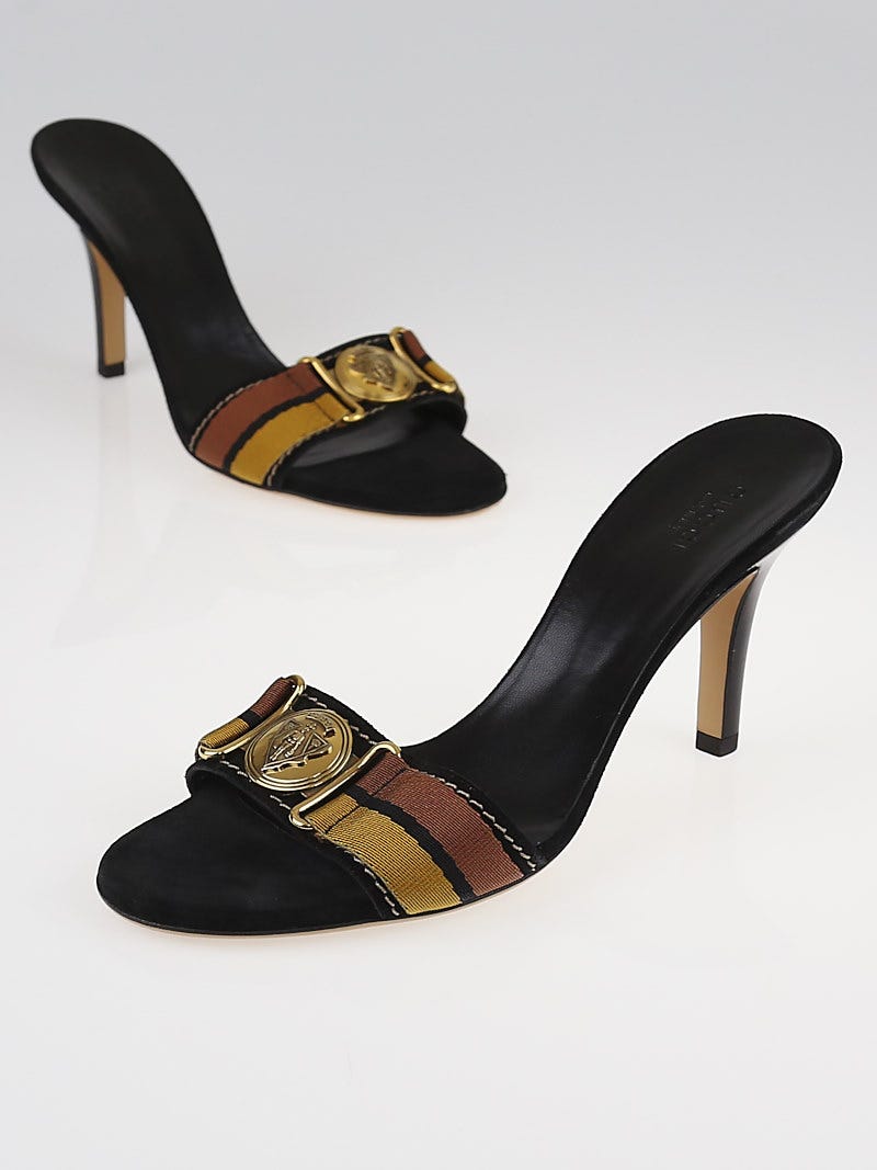 Gucci Black Vintage Web Crest Slide Sandals Size 8 -