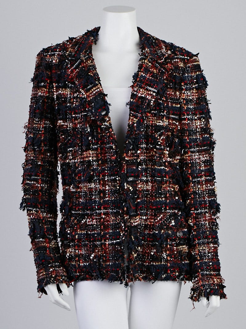 Chanel Blue Multicolor Boucle Tweed Jacket Size 14/46 - Yoogi's Closet