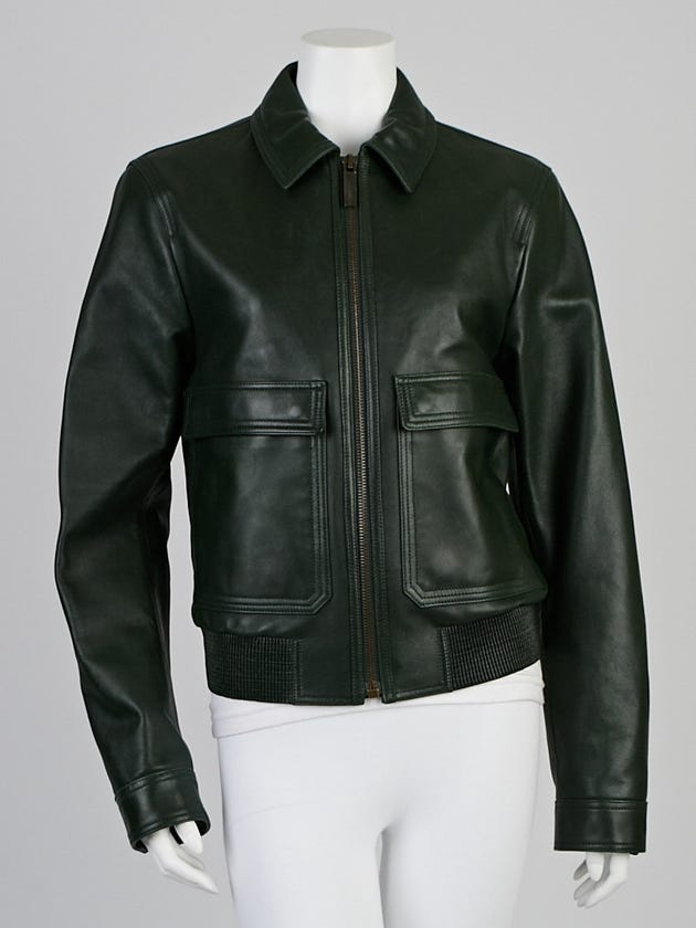 Burberry London Dark Racing Green Lambskin Leather Rushden Bomber Jacket Size 14/48