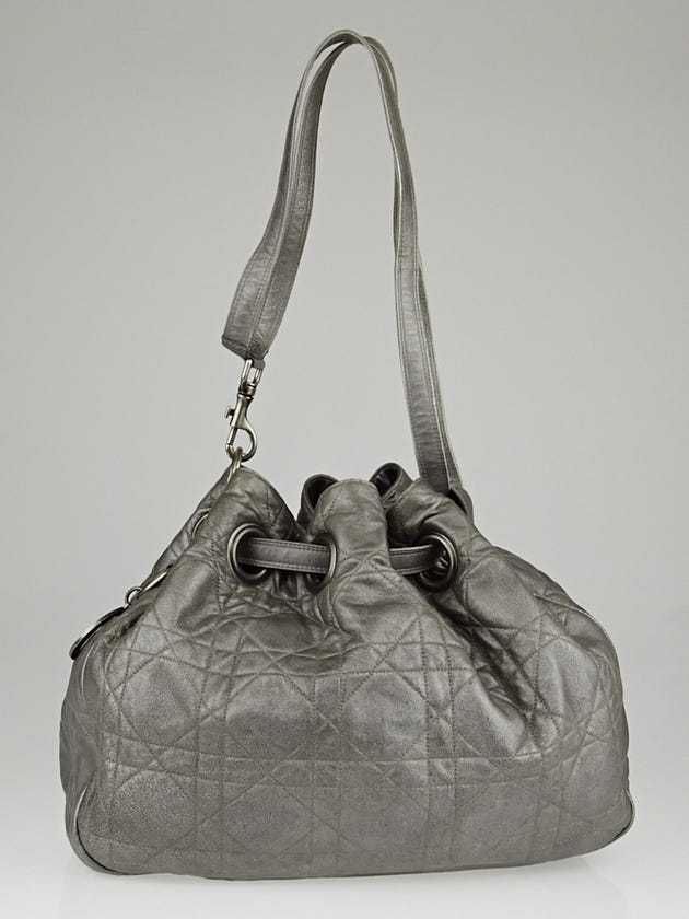 Christian Dior Silver Cannage Quilted Leather Drawstring Tote Bag