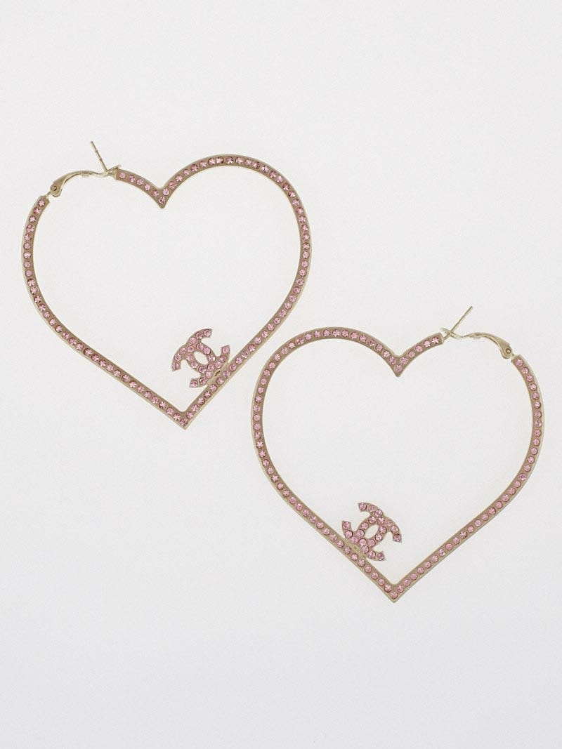 Chanel Pink Crystal Heart Hoop Earrings - Yoogi's Closet