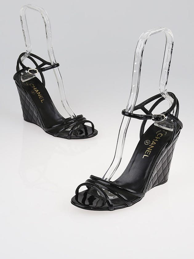 Chanel Black Quilted Patent Leather Open-Toe Strappy Wedges Size 8.5/39