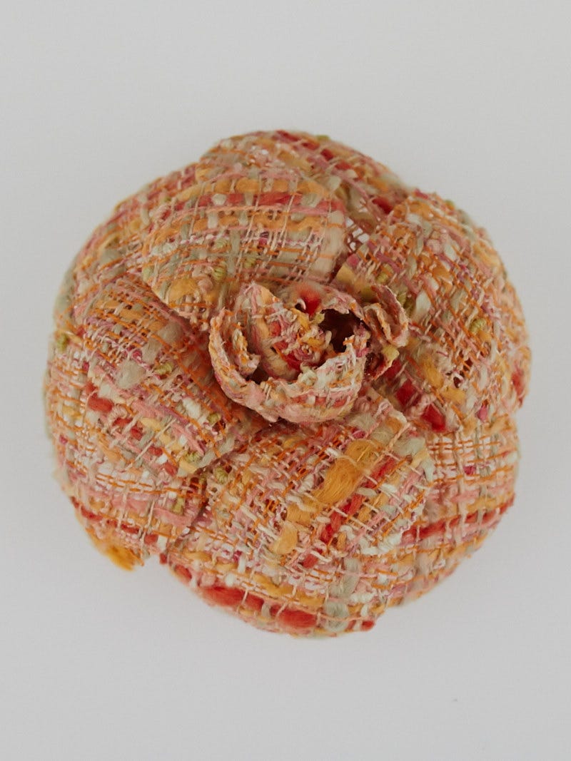 Chanel Pink Fantasy Tweed Camellia Flower Brooch Pin - Yoogi's Closet