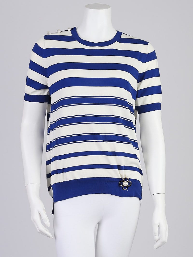 Louis Vuitton Off White Striped Wool Short Sleeve Sweater L Louis