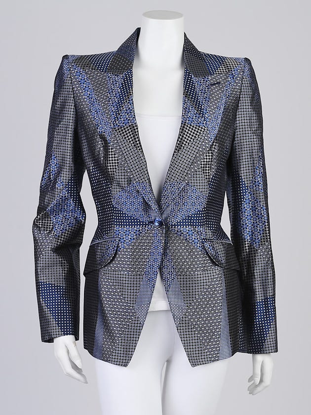 Alexander McQueen Blue Silk Mixed Print Blazer Jacket Size 10/44