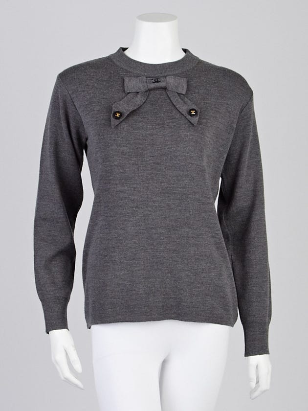 Chanel Grey Wool CC Bow Sweater Size M