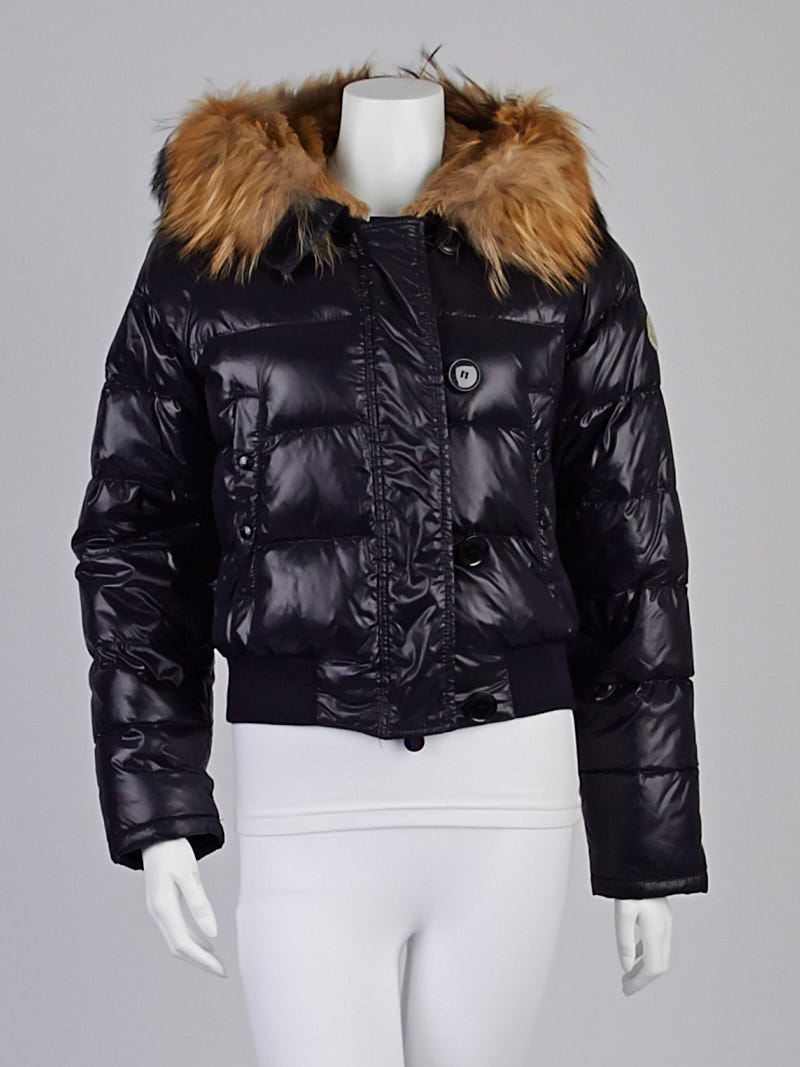 Moncler Black Nylon Quilted Down and Fur Trim Alberta Jacket Size