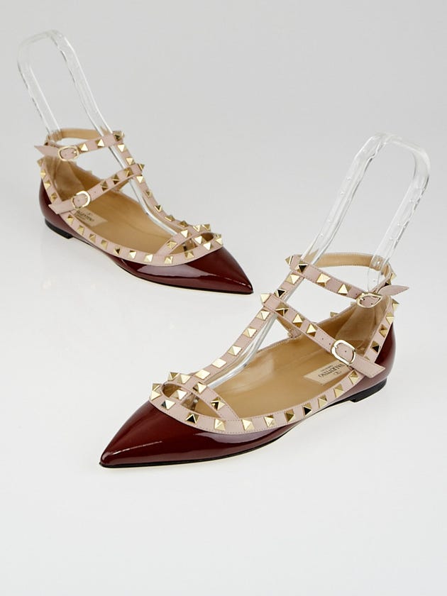 Valentino Brown Patent Leather Rockstud T-Strap Flats Size 8/38.5
