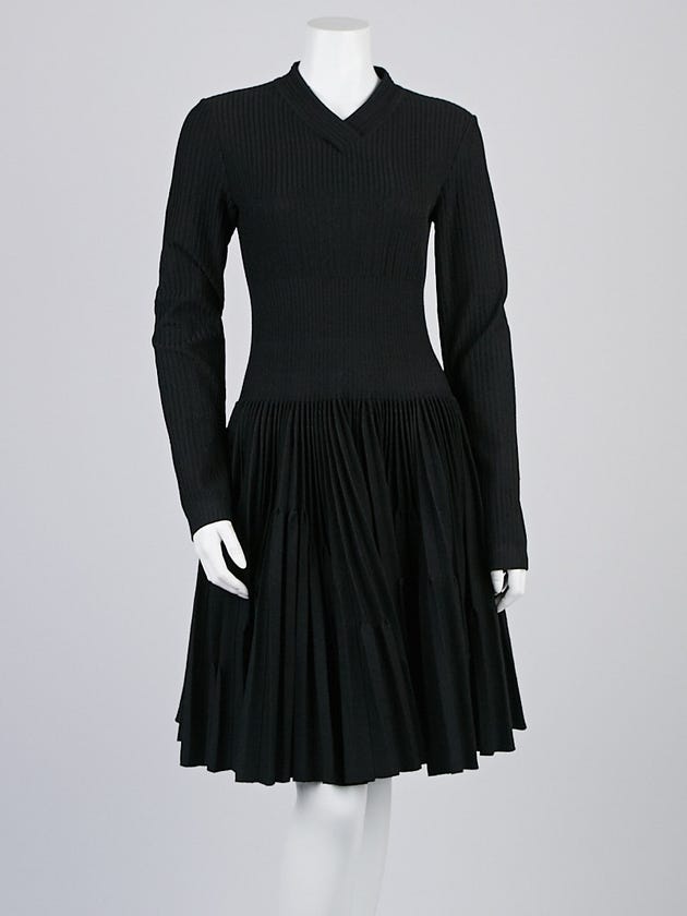 Alaïa Black Wool Blend Long Sleeve Pleated Plisse Soleil Dress Size 12/44