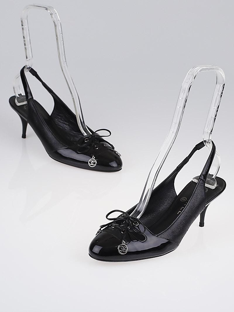 Chanel Black Leather Lace Up Slingback Heels Size 8/38.5 - Yoogi's Closet