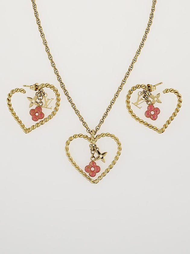 Louis Vuitton Goldtone Sweet Monogram In My Heart Pendant Necklace and Earring Set