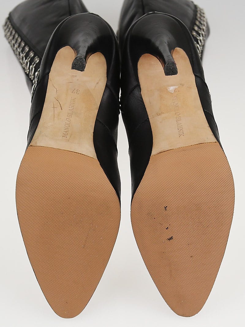 Manolo Blahnik Black Leather Hook-and-Eye Tall Boots Size