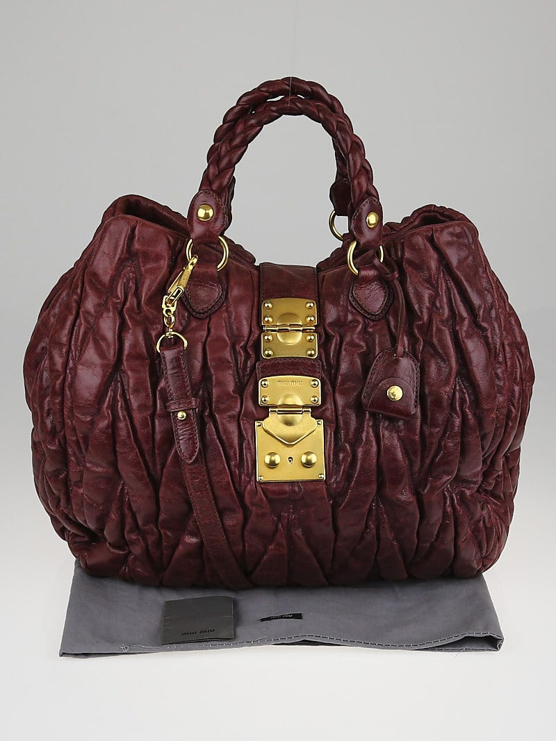 Miu Miu Burgundy Leather Matelasse Tote Bag - Yoogi's Closet