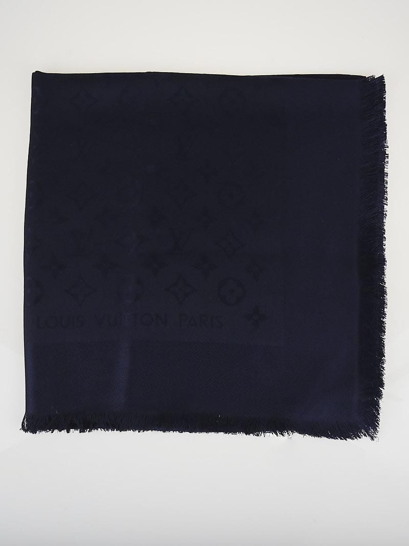 Louis Vuitton Navy Blue Monogram Silk/Wool Shawl Scarf - Yoogi's Closet