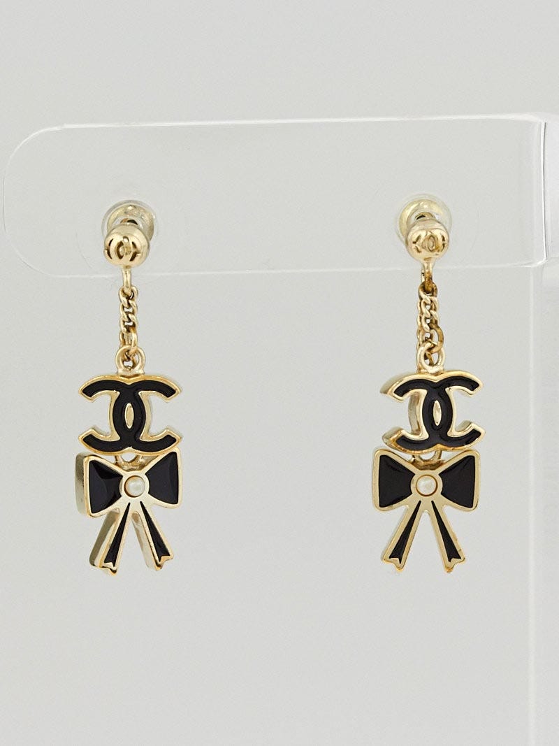 Chanel Gold/Black Enamel CC Bow Drop Earrings - Yoogi's Closet