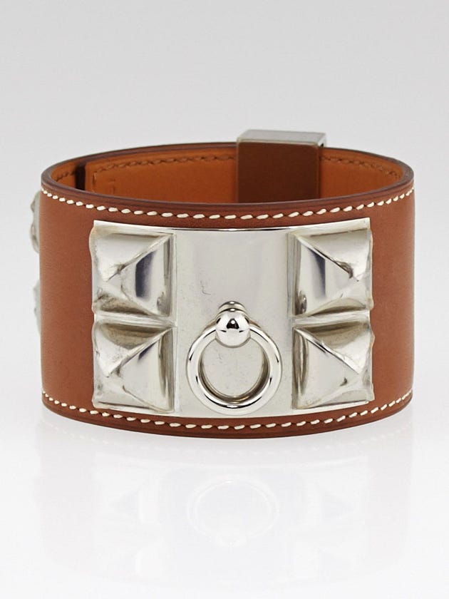 Hermes Natural Barenia Leather Palladium Plated Collier de Chien Bracelet Size L