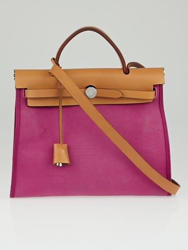 Hermes Pink Canvas and Natural Calfskin Leather Herbag Zip PM Bag