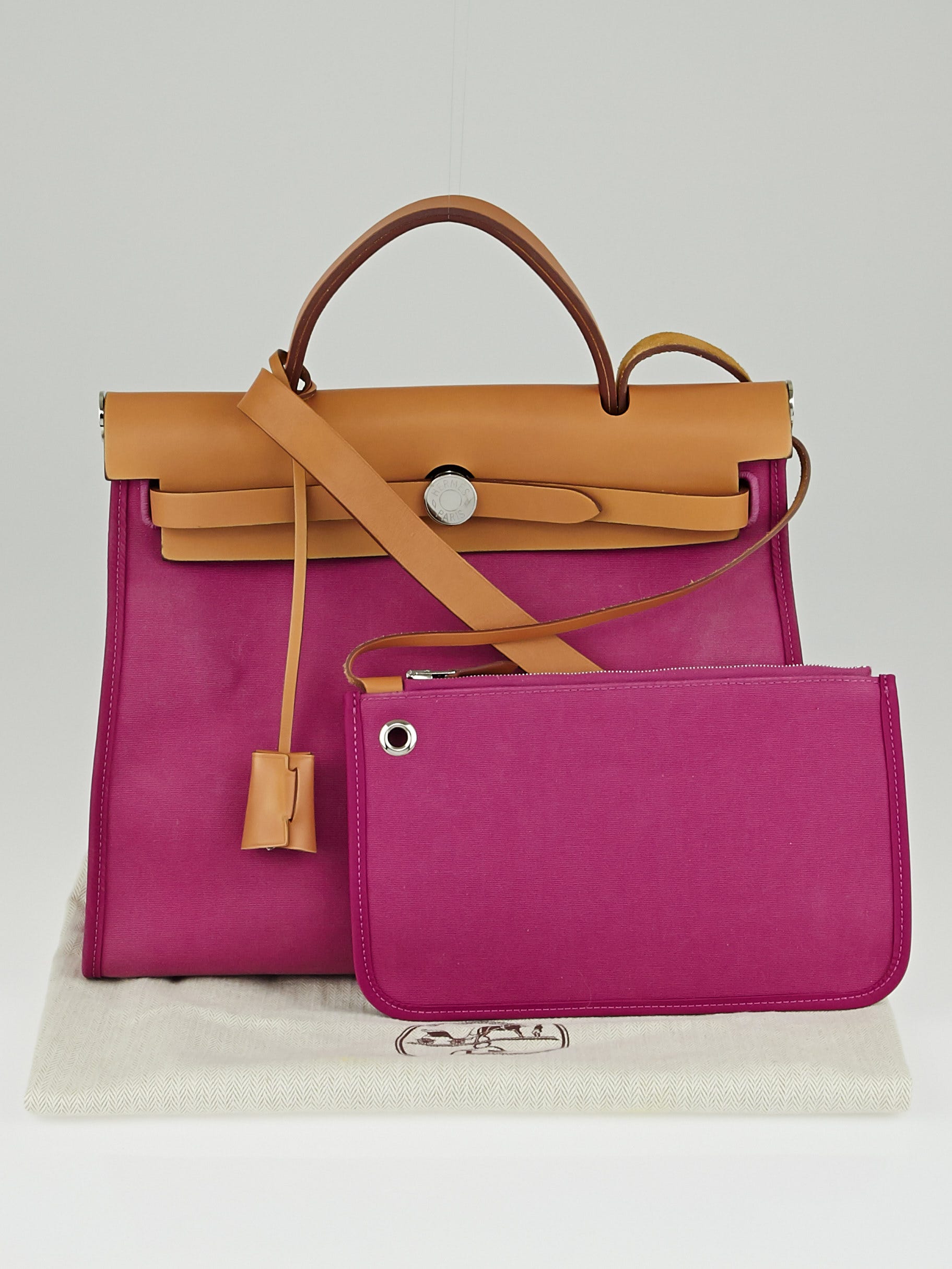 Hermes Pink Canvas and Natural Calfskin Leather Herbag Zip PM Bag