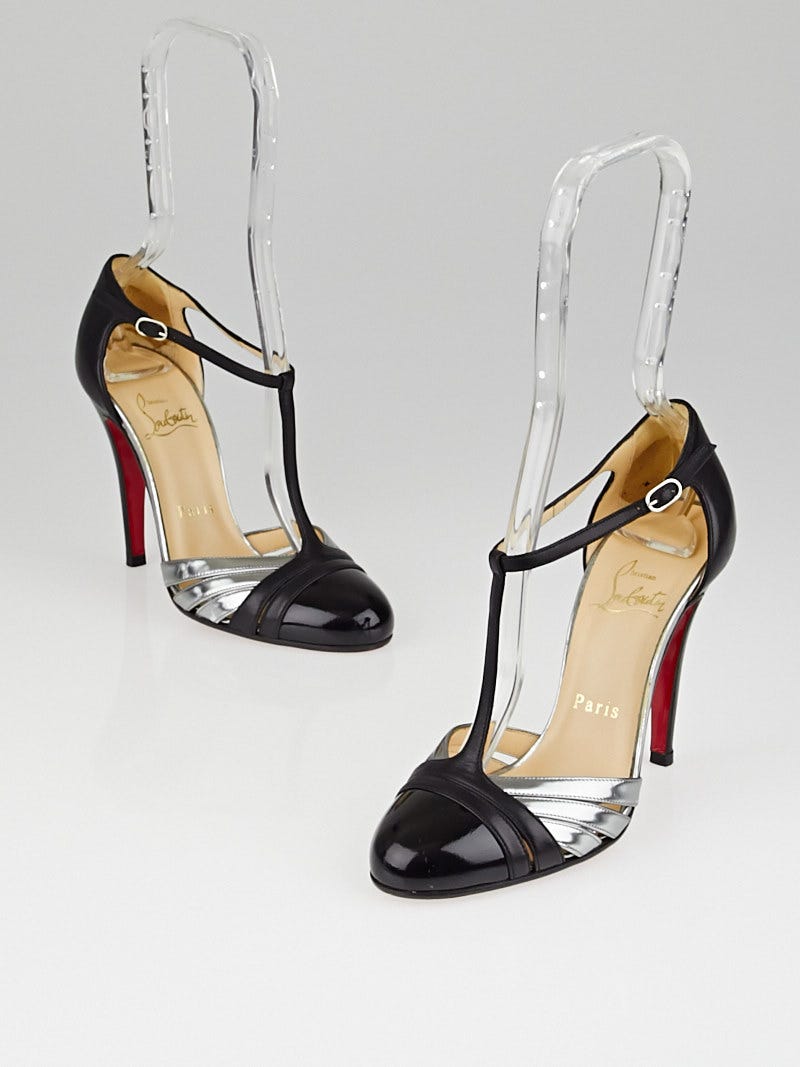 Christian Louboutin Black/Silver Leather Gino 100 T-Strap Pumps 