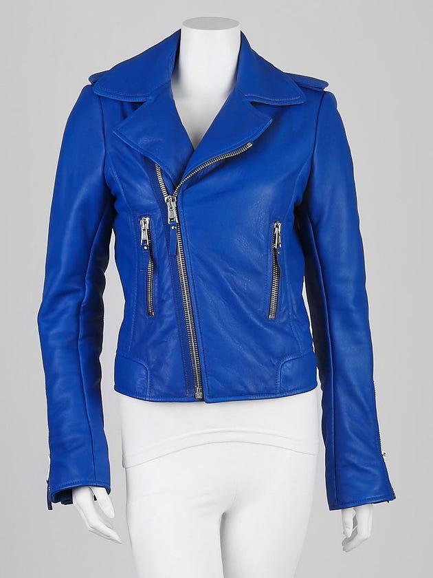 Balenciaga Blue Cobalt Lambskin Leather Classic Biker Jacket Size 10/42