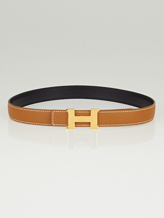 Hermes 24mm Gold Clemence/Black Box Leather Gold Plated Constance H Belt Size 65