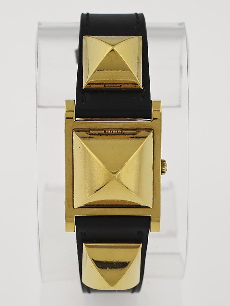 Hermes Black Box Leather Gold Plated Medor Studded Quartz Watch - Yoogi's  Closet