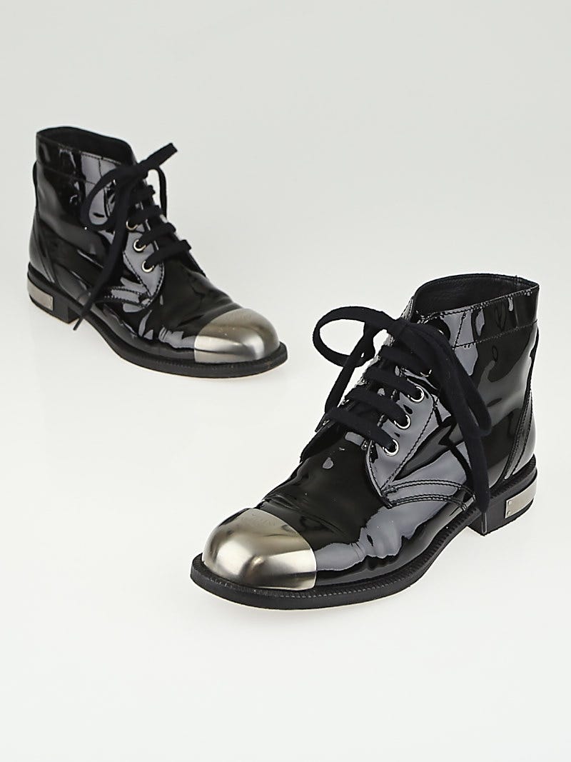 Chanel Black Patent Leather Steel Toe Lace Up Ankle Boots Size 7/ -  Yoogi's Closet
