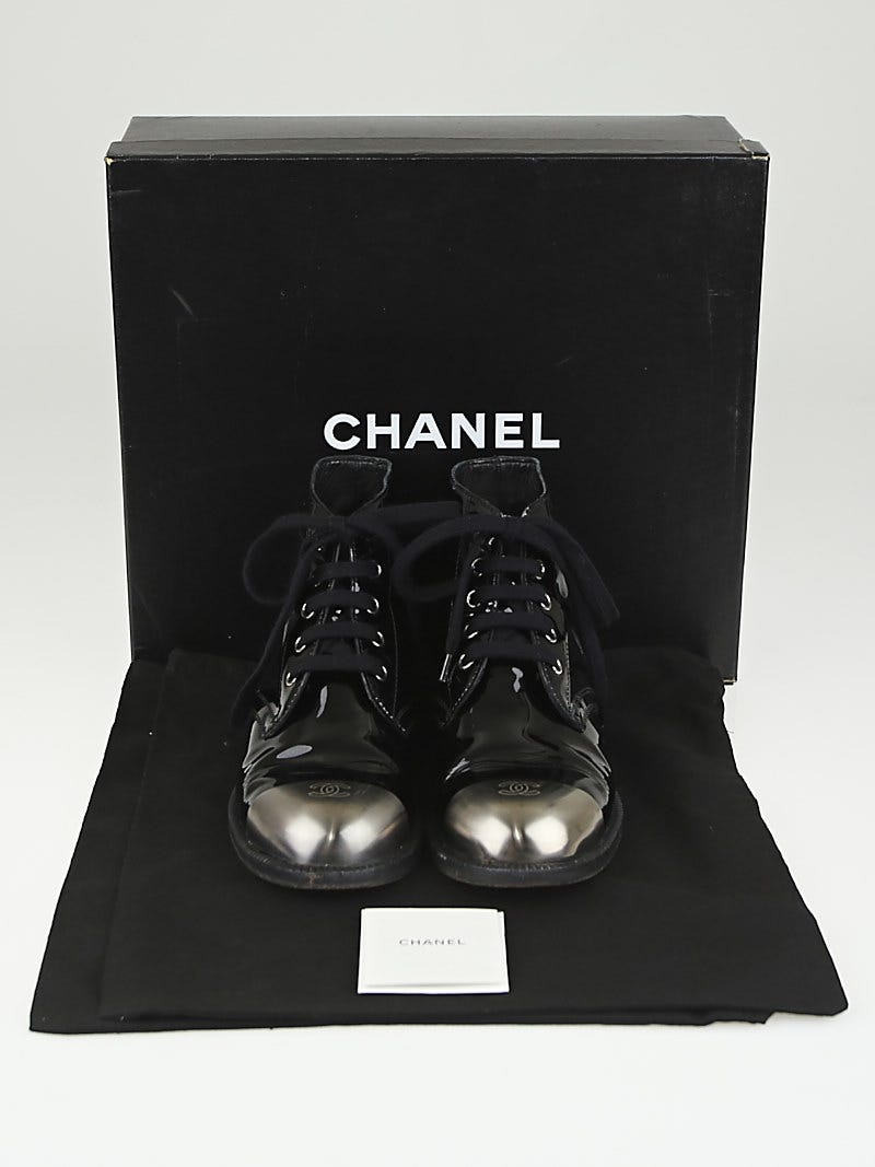 Chanel Black Patent Leather Steel Toe Lace Up Ankle Boots