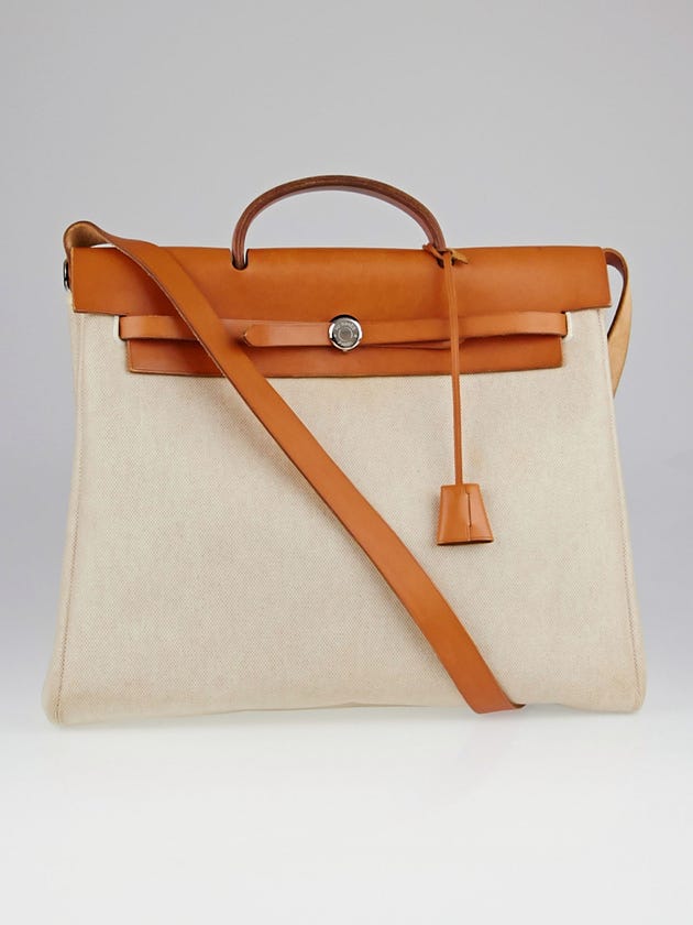 Hermes 35cm Natural Toile and Vache Calfskin Leather Herbag MM 2-in-1 Bag