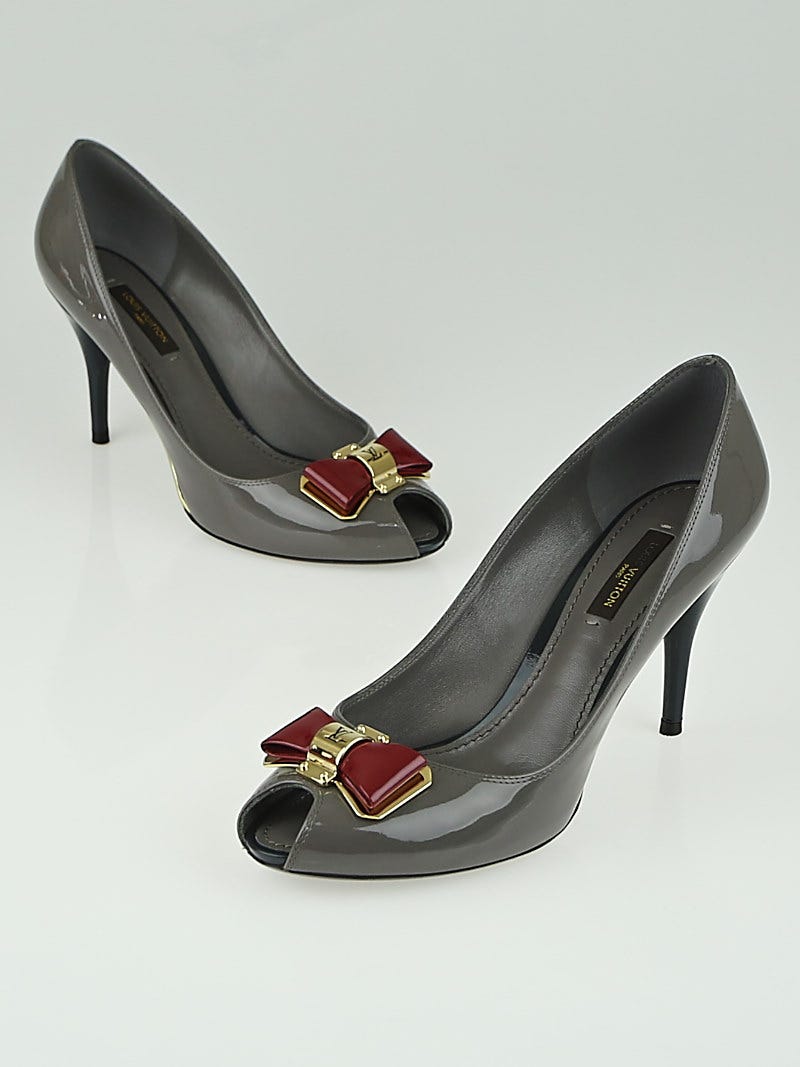 Louis Vuitton Grey Patent Leather Lou Peep Toe Pumps Size 37.5