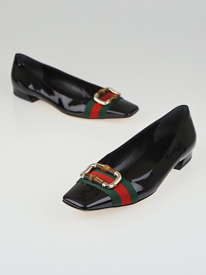 Gucci Black Patent Leather Signature Web Bamboo Buckle Flats Size 9B