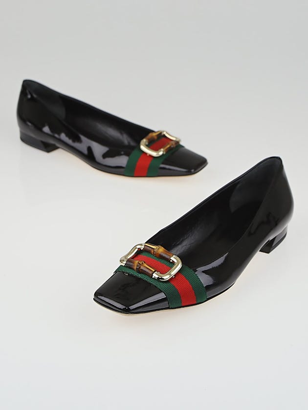 Gucci Black Patent Leather Signature Web Bamboo Buckle Flats Size 9B