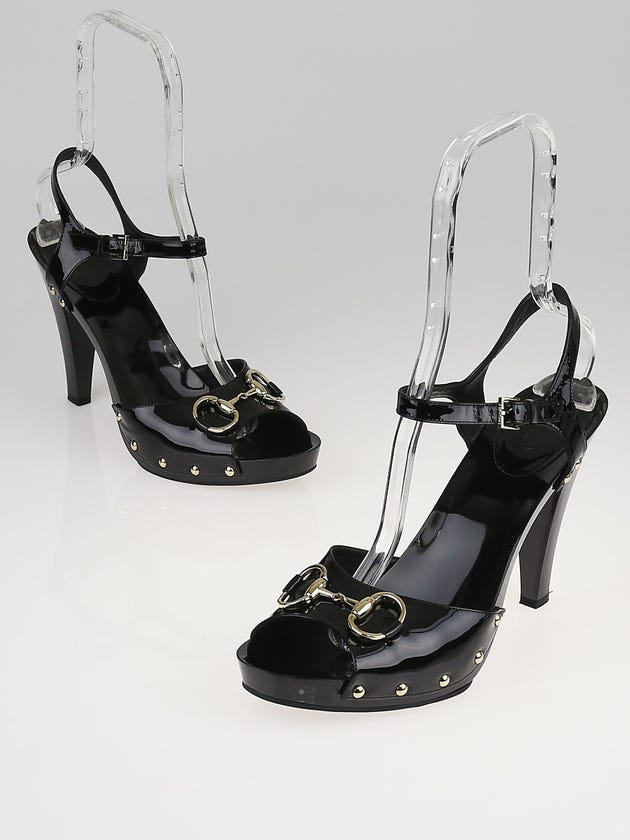Gucci Black Patent Leather Horsebit Ankle Strap Sandals Size 10