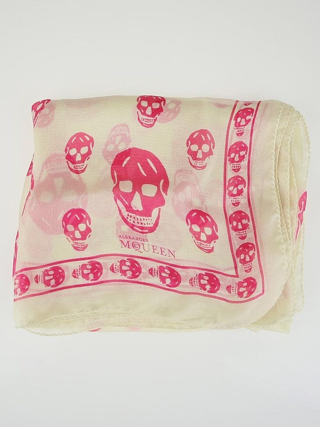 Alexander McQueen Cream/Pink Silk Chiffon Classic Skull Scarf 