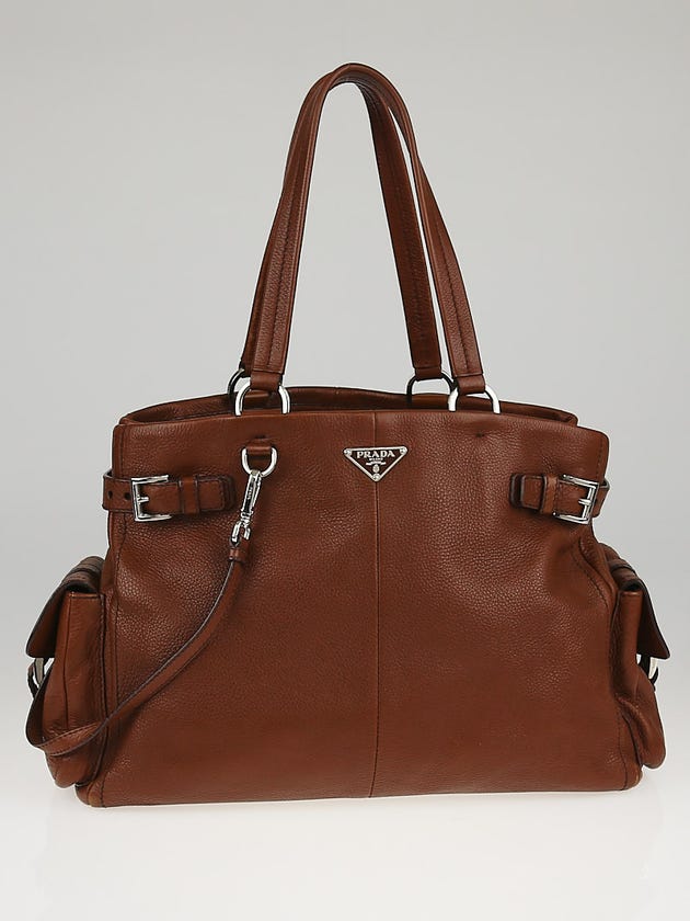Prada Brown Vitello Daino Leather Side Pocket Tote Bag