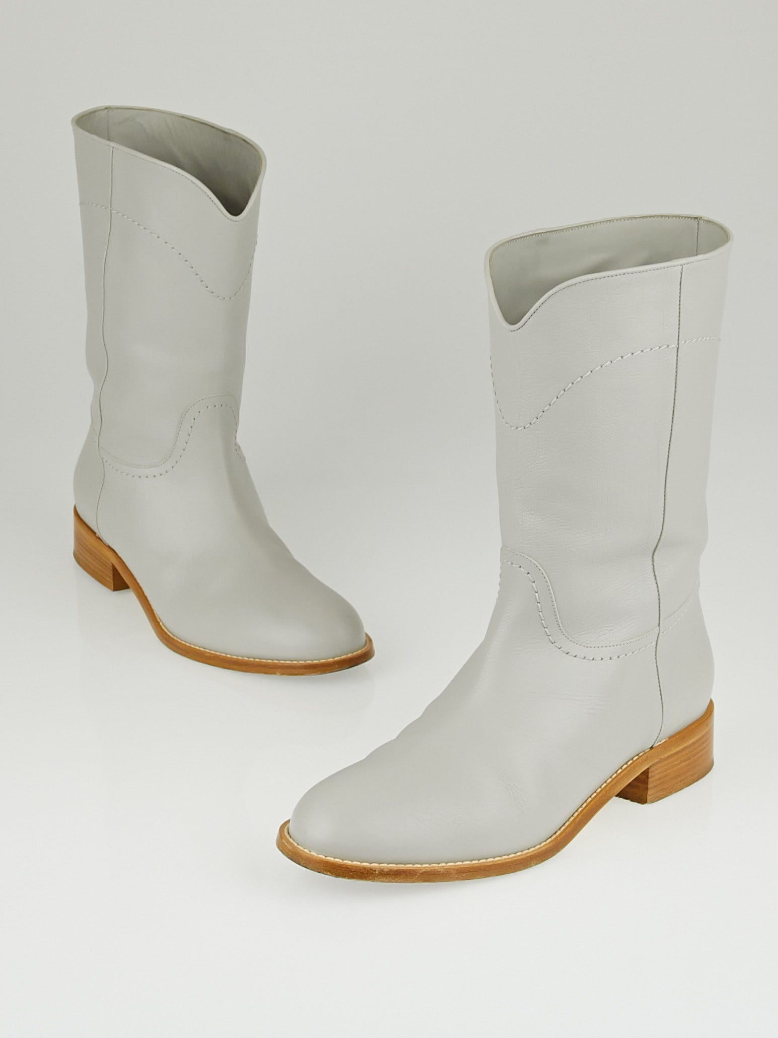 Chanel Grey Leather CC Cowboy Mid-Calf Flat Boots Size 8.5/39 - Yoogi's  Closet