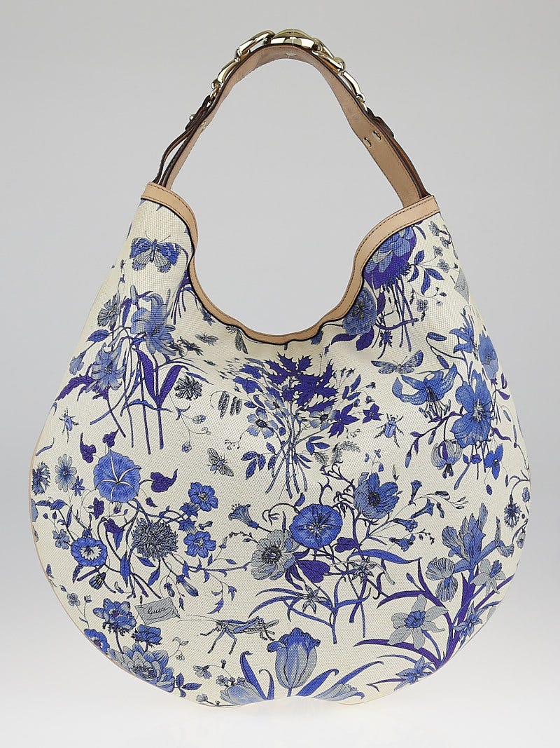 Gucci Blue Flora Canvas Wave Horsebit Hobo Bag
