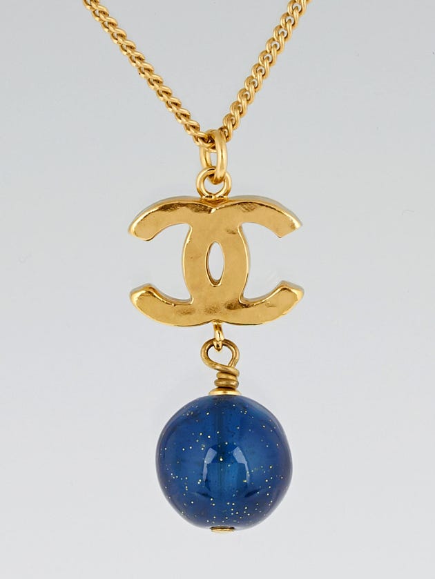Chanel Goldtone Metal CC and Blue Glass Bead Necklace