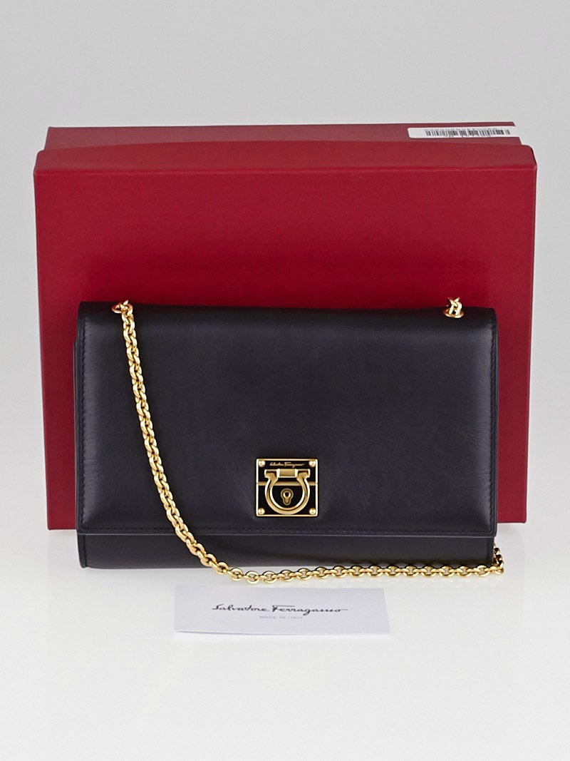 Salvatore Ferragamo Black Calfskin Leather Mini Chain Flap